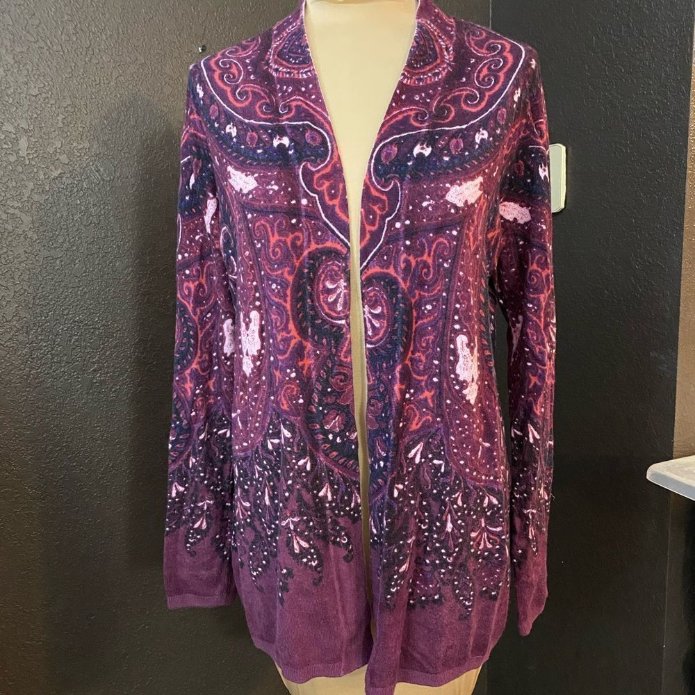 Talbots burgundy‎ paisley lambs wool open front super soft cardigan sweater